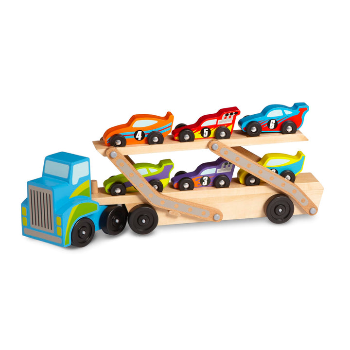 Melissa & Doug Rennwagenlaster aus Holz, Rennwagenlaster