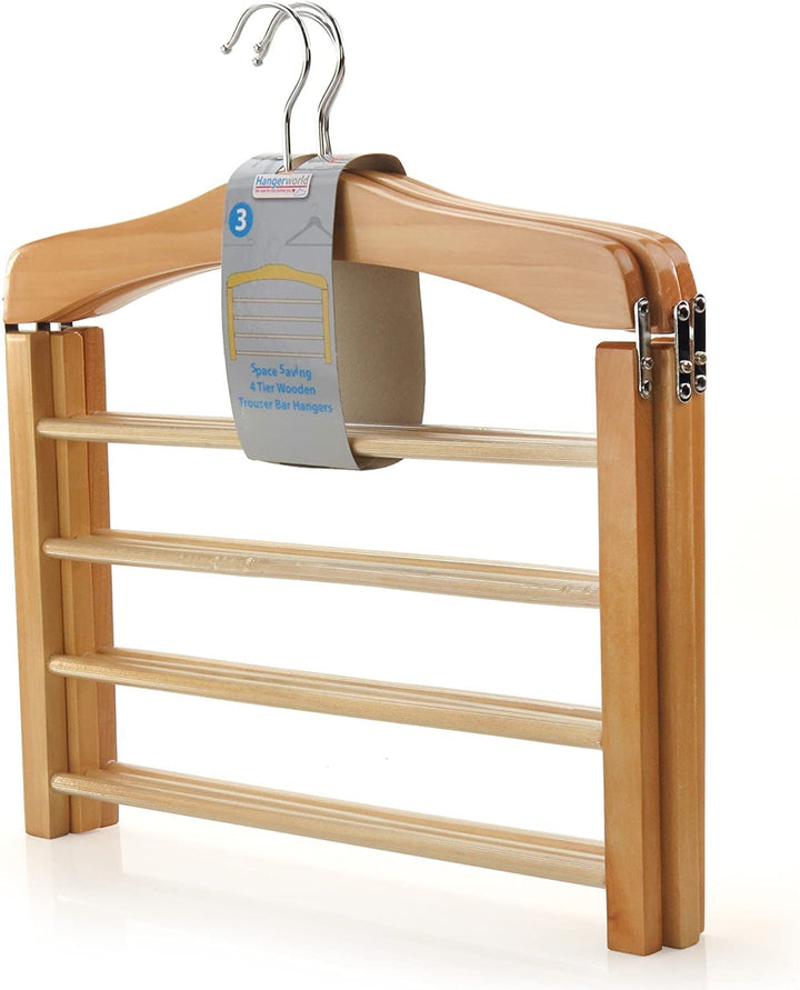 Hangerworld 3 Holz Hosenbügel Mit 4 rutschfesten Hosenstegen 38cm Naturfarben Holz Kleiderbügel, 3