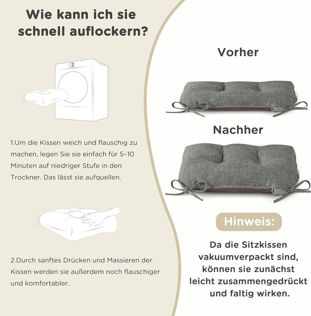 AddGrace 4er Set Stuhlkissen 46x44 cm Sitzkissen für Esszimmerstühle mit Bändern rutschfeste Sitzkis