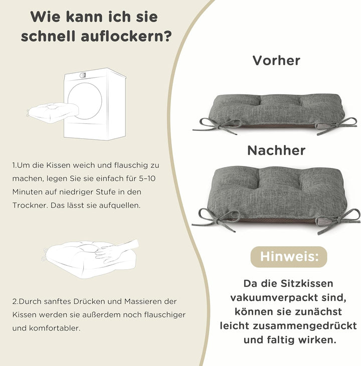 AddGrace 4er Set Stuhlkissen 46x44 cm Sitzkissen für Esszimmerstühle mit Bändern rutschfeste Sitzkis