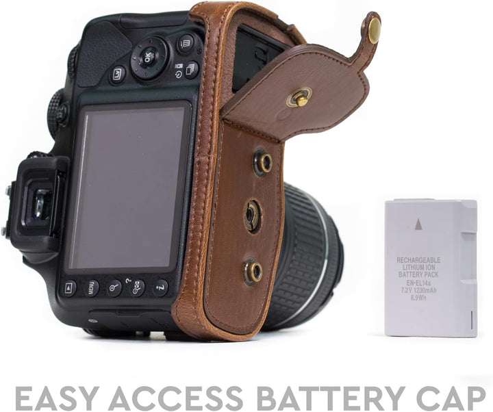 MegaGear Nikon D3400 Ever Ready Leder Kamera-Case mit Trageriemen und Batteriezugang Dunkelbraun MG8