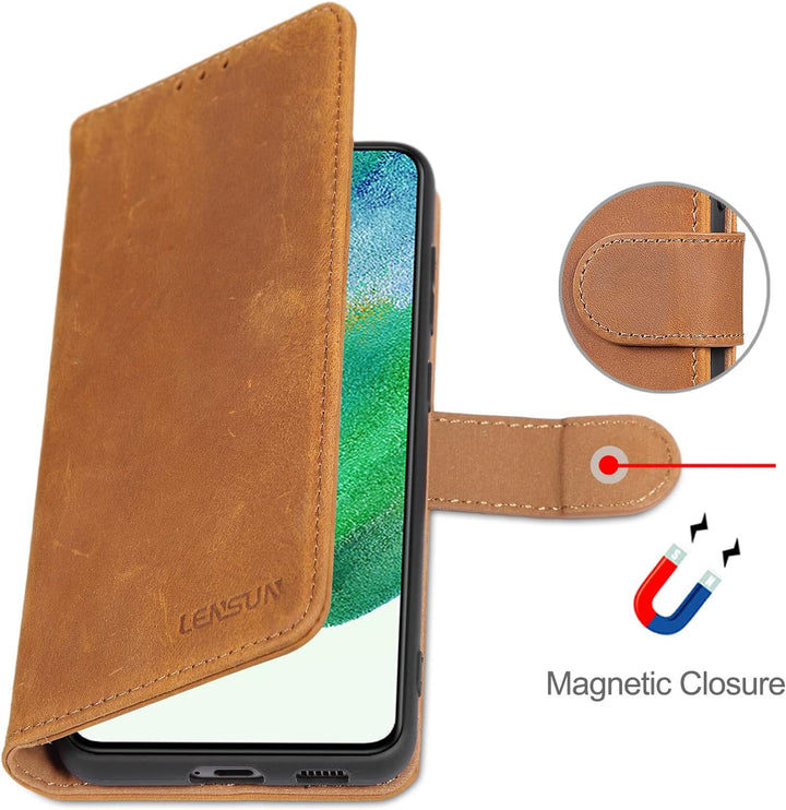 LENSUN Echtleder Hülle für Samsung Galaxy S21 FE 5G, Handyhülle Echt Leder [Kartenfach] [RFID Schutz
