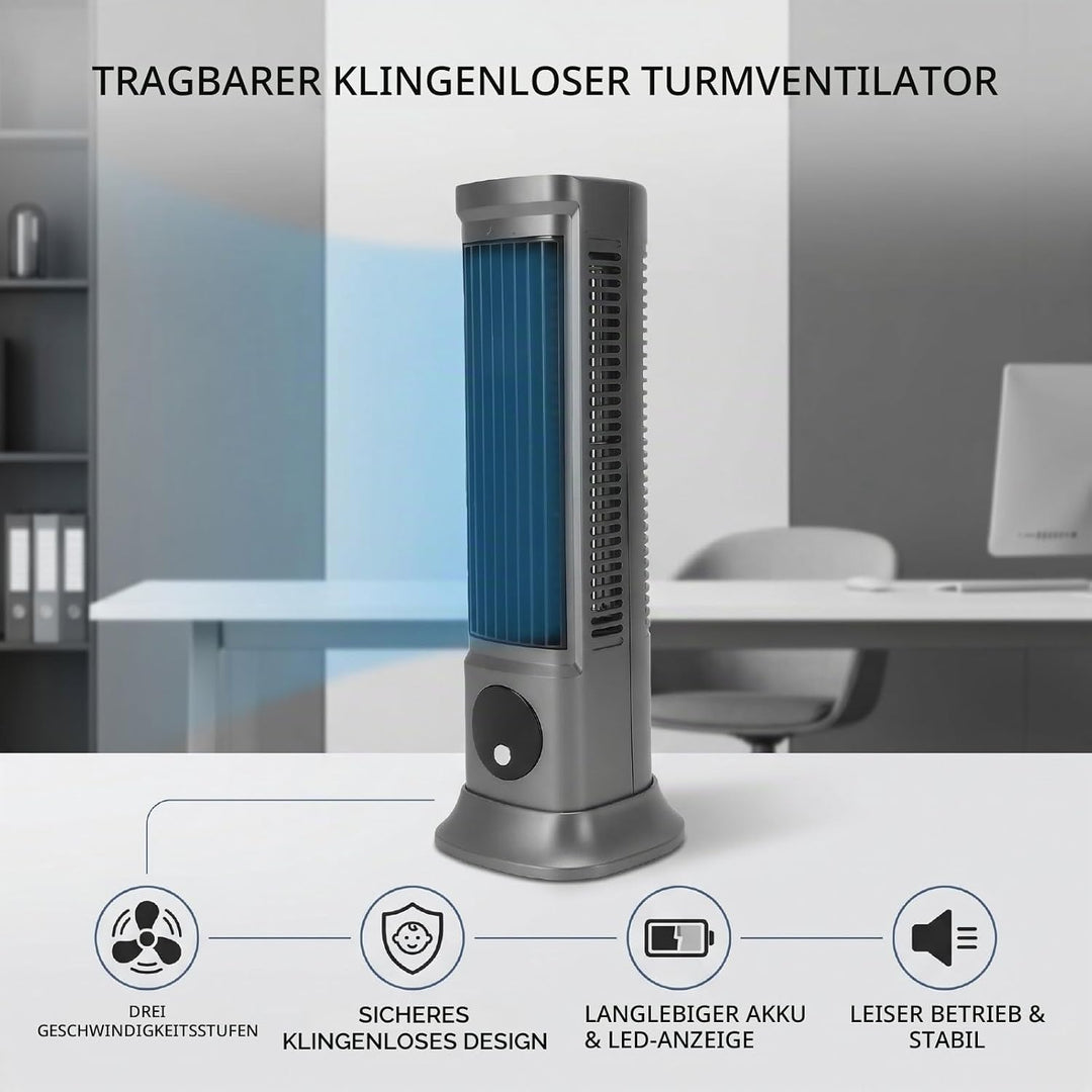 Tischventilator, 3 Geschwindigkeiten Einstellbar, Leiser, über USB Wiederaufladbarer, Blattloser Tur