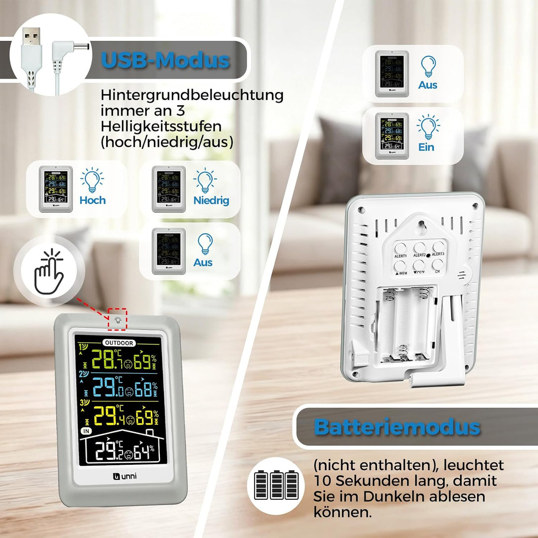 U UNNI Funk Wetterstation mit 3 Aussensensoren, 4.5 Zoll Display Temperatur Feuchte Monitor mit 330