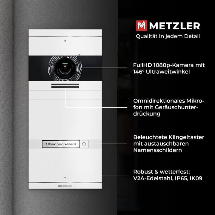 Metzler VDM10 2.0 Video Sprechanlage Komplett Set mit austauschbarem Namensschild - Anschluss LAN/PO