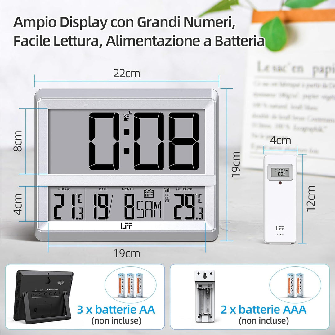 Atomuhr mit Grossem Display, Digitale Wanduhr mit Temperatur Datum Innen Aussen, Drahtloser Aussense