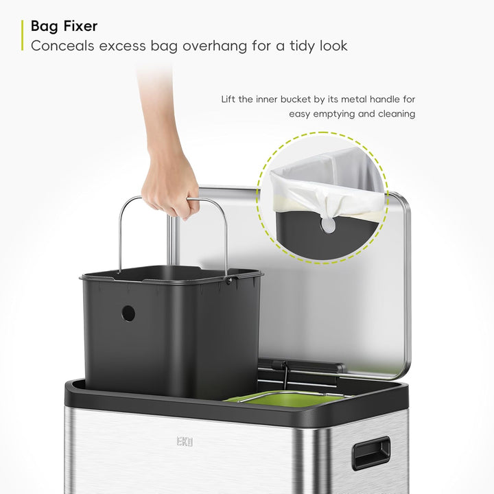 EKO Ecocasa Mülltrennsystem, Rostfreier Stahl, Silber/Schwarz/Grün, 15L 15L+15L, 15L+15L