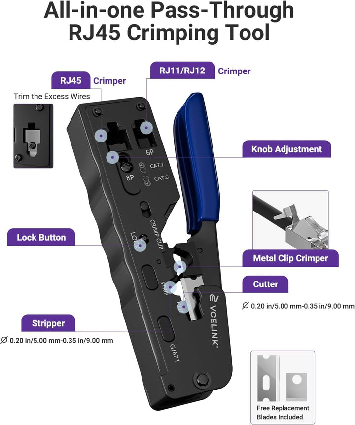 VCELINK Netzwerk Werkzeug Set, RJ45 Crimpzange mit 20 x RJ45 Stecker Cat7/Cat6a Pass Through, Netzwe