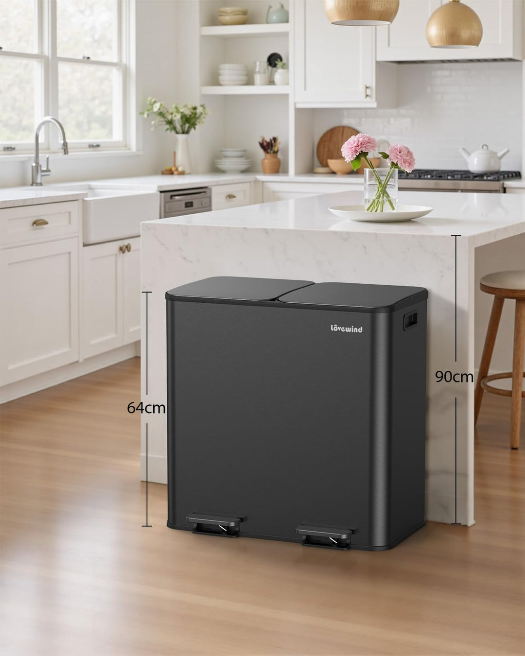 lovewind Mülleimer, 2 x 40L Mülleimer Küche, Doppeleimer für Recycling und Abfall, Schwarz, Mülleime