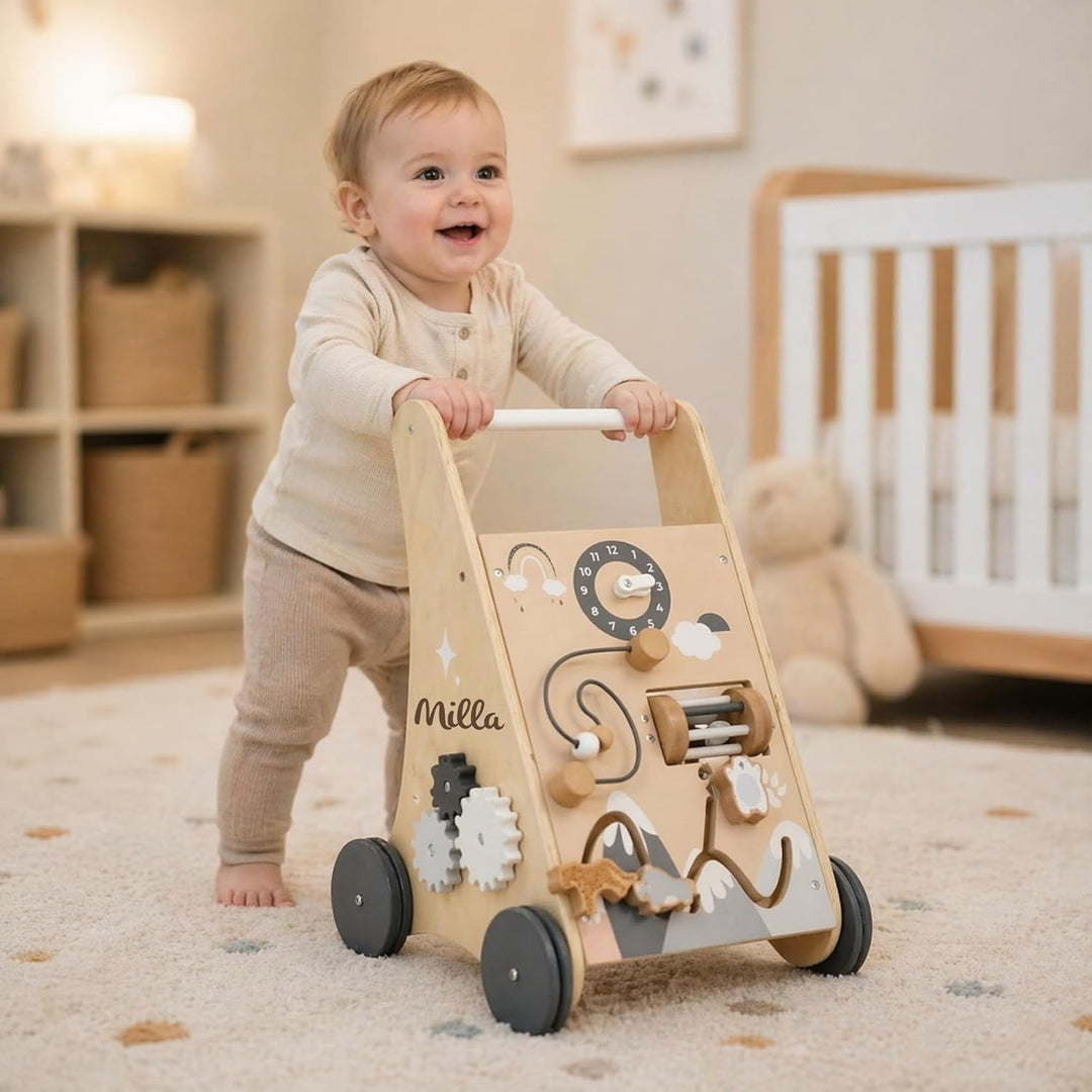 Personalisierter Lauflernwagen aus Holz mit Name – Sicherer Baby Schiebewagen für erste Schritte – L