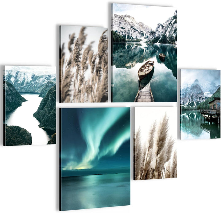 Novart Bilder Set - AUFHÄNGFERTIG - KEIN EXTRA RAHMEN BENÖTIGT - Natur Berge See Modern Aurora Grün