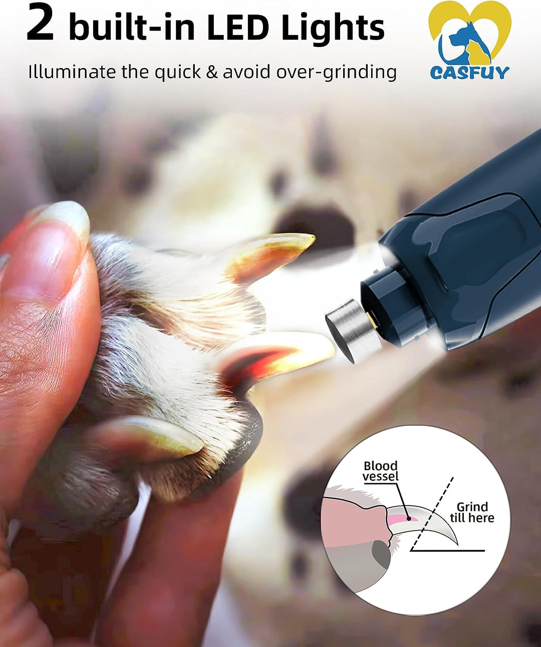 Casfuy Krallenschleifer für Hunde - (45 dB) 6-Gang-Haustier-Krallenschleifer mit 2 LED-Lichtern für