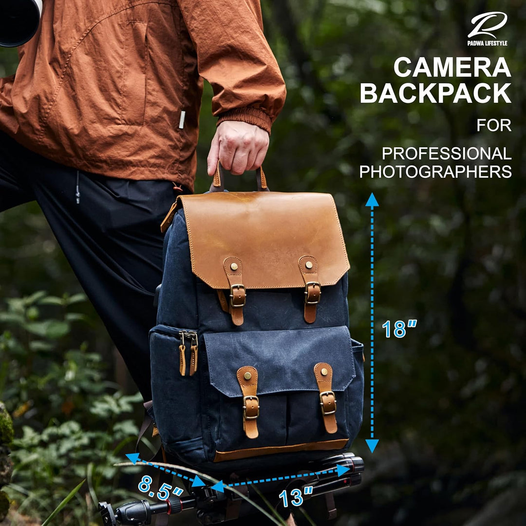 Padwa Lifestyle Blau Kamerarucksack - wetterfeste Kameratasche aus gewachstem Memory Canvas mit 16“