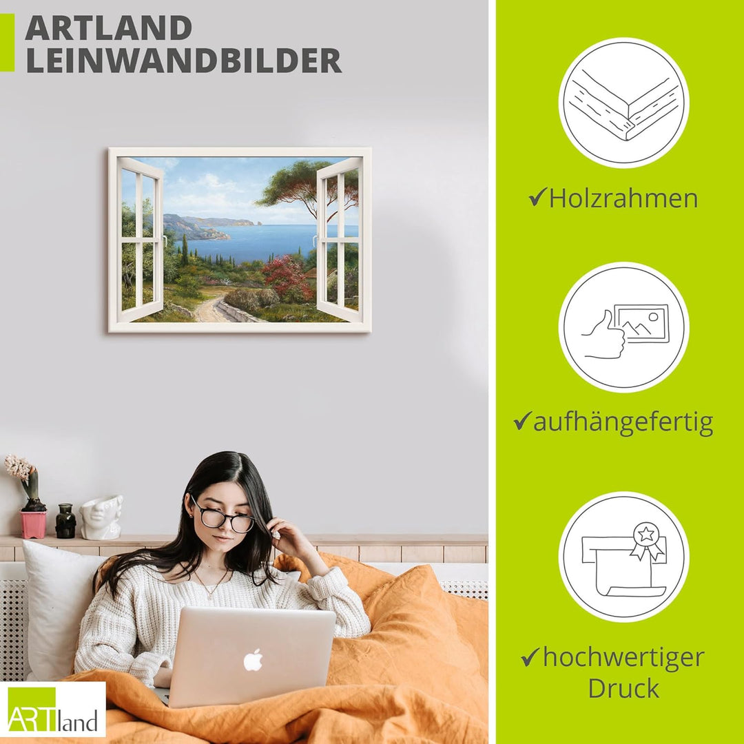 ARTland Leinwandbild Wandbild Bild auf Leinwand 70x50 cm Wanddeko Fensterblick Fenster Küste Meer Bu