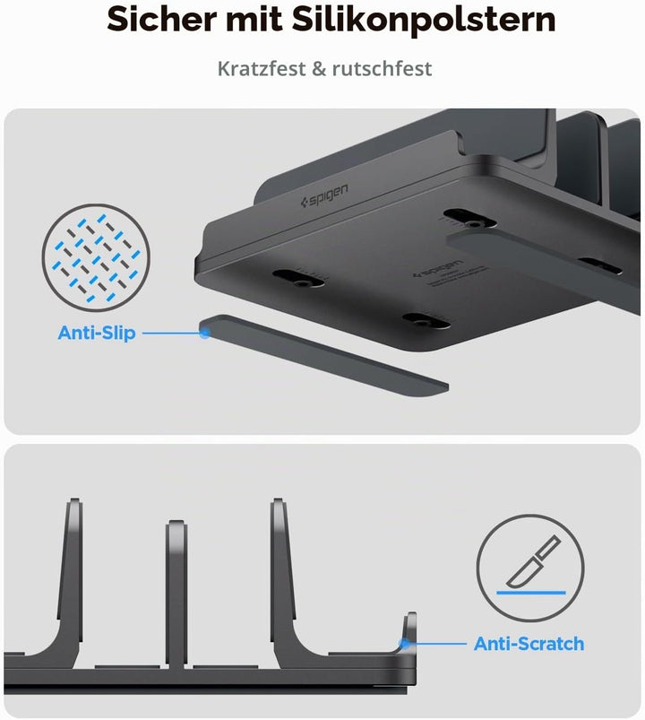Spigen Vertikaler Laptop-Ständer – 4-in-1 Schreibtisch-Organizer mit verstellbaren Slots (14–22 mm),