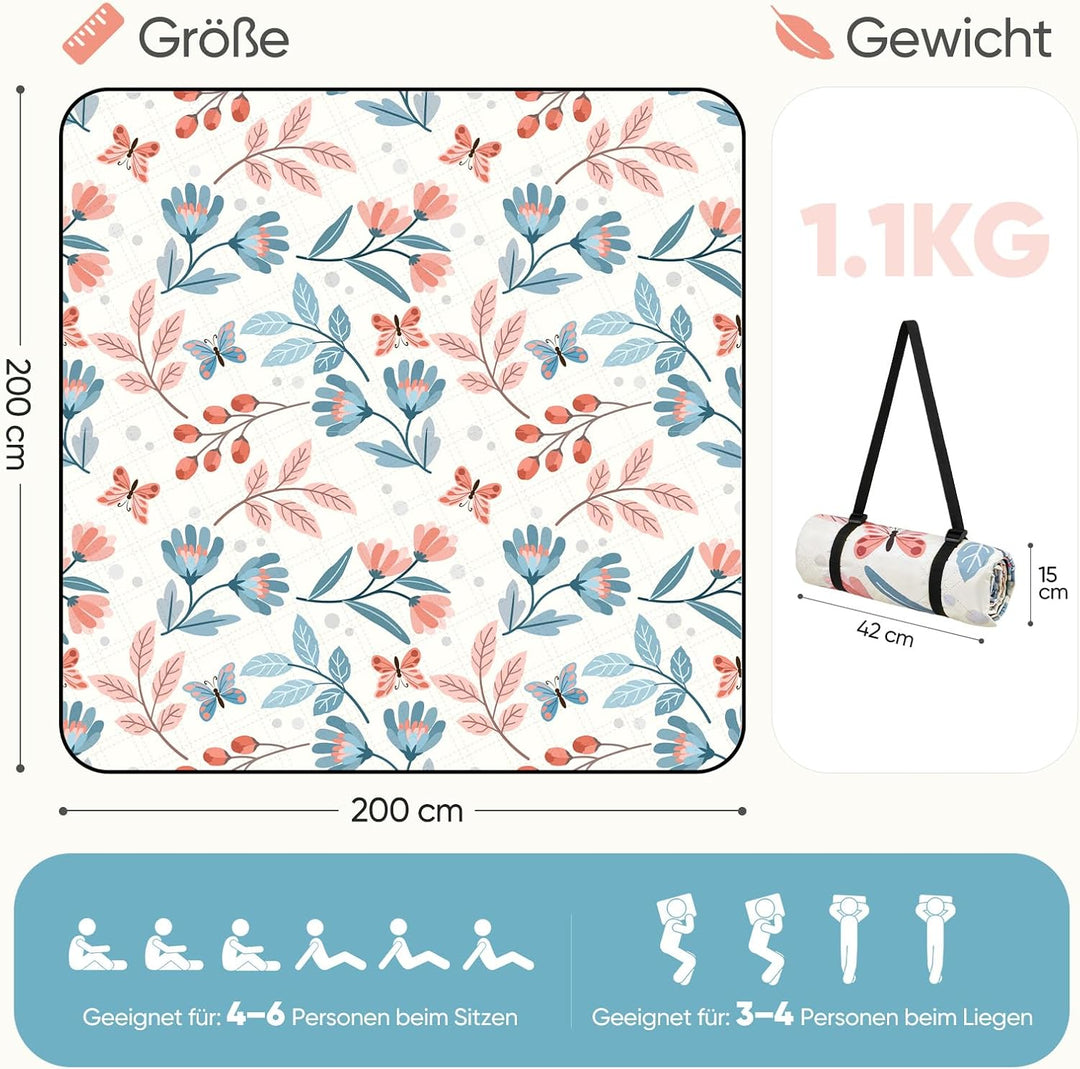 Sekey Picknickdecke Wasserdicht 200x200 cm, Stranddecke Sandfrei | Gepolstert, Dreischichtige Strukt