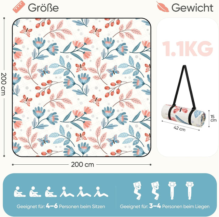Sekey Picknickdecke Wasserdicht 200x200 cm, Stranddecke Sandfrei | Gepolstert, Dreischichtige Strukt