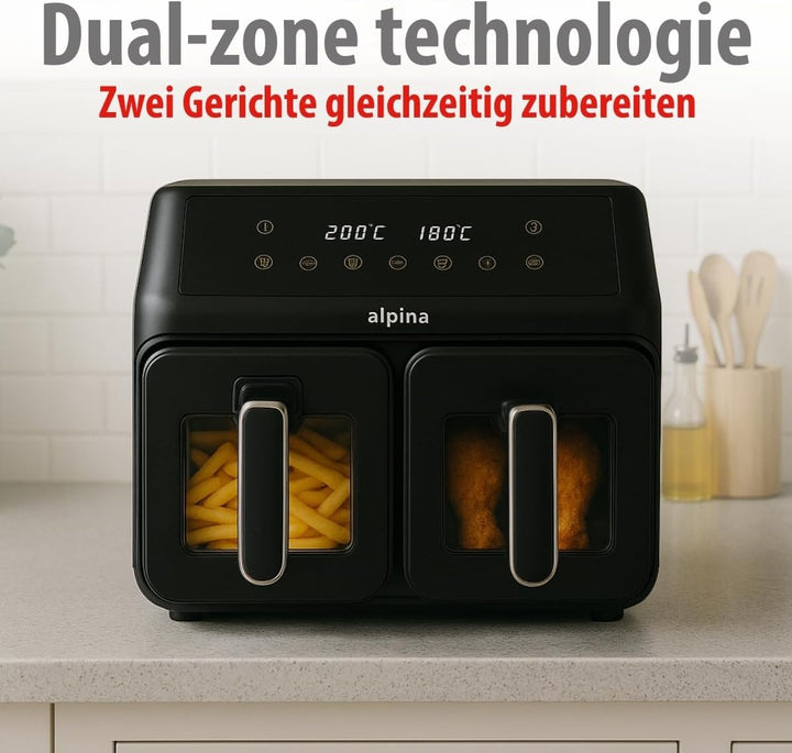 alpina Heissluftfritteuse 2 Kammern 8L - Airfryer mit Digitaldisplay - Air Fryer mit Timer und Tempe