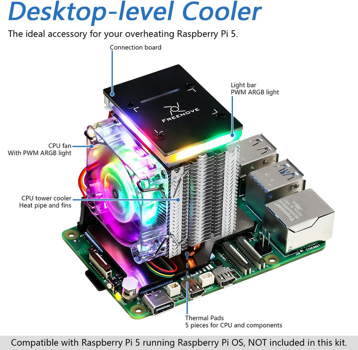 Freenove Active Cooler for Raspberry Pi 5, Fan Tower Cooler, Aluminum Heatsink with Heat Pipe, PWM C