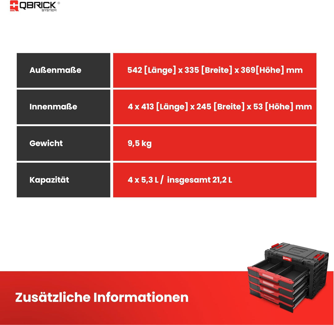 Qbrick System Werkzeugkoffer Sortierbox Leer - 4 Schubladen - Werkzeugkiste - 542 x 335 x 369 mm Sch