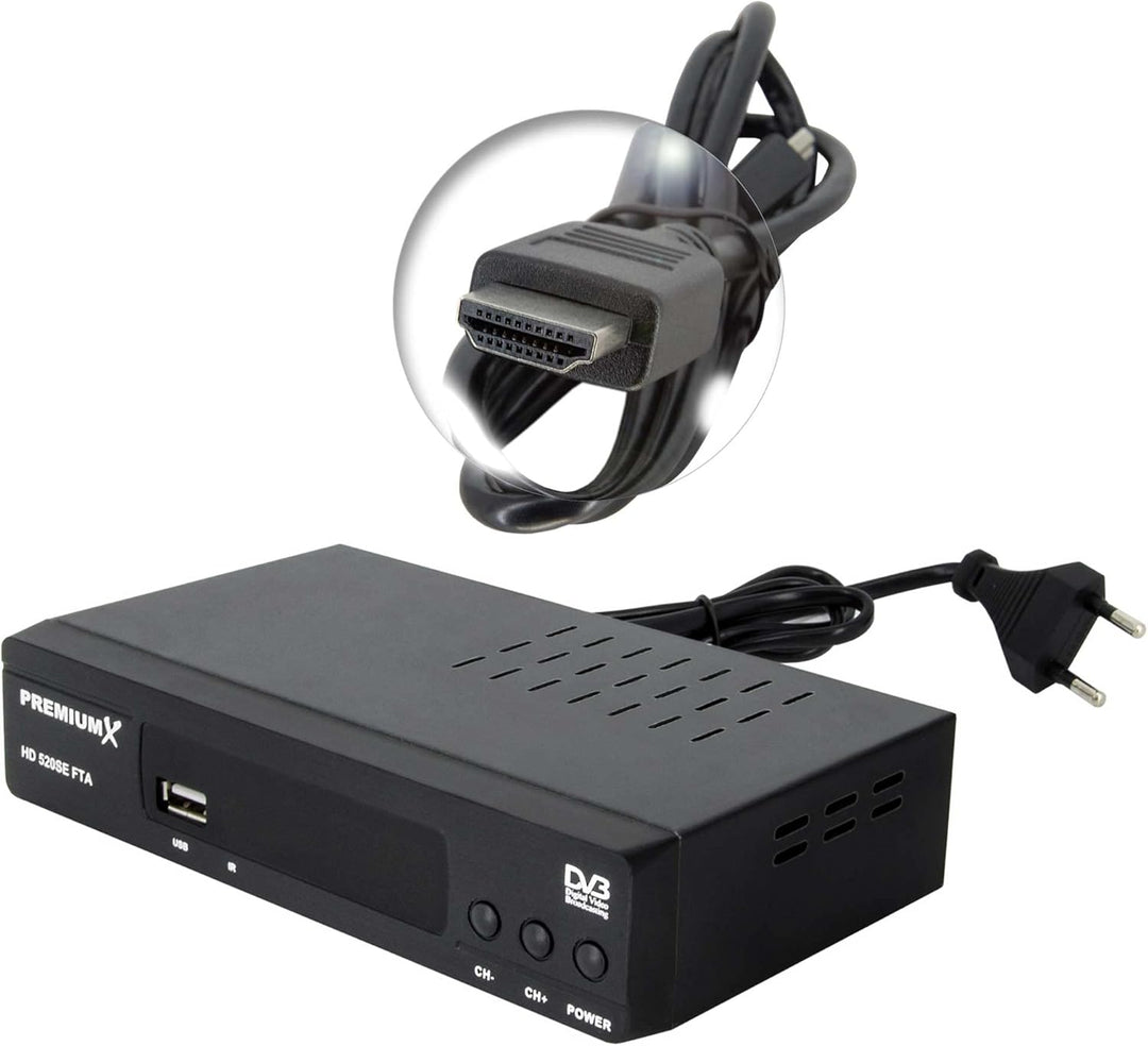 PremiumX Satelliten-Receiver HD 520SE FTA Digital SAT TV Receiver DVB-S2 FullHD HDMI SCART 2X USB Mu