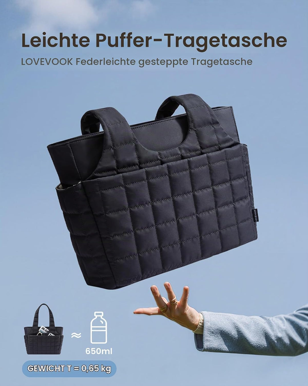 LOVEVOOK Puffer Handtasche Damen Gross, 15,6 Zoll Laptoptasche Shopper Tasche mit Wasserflaschenfach