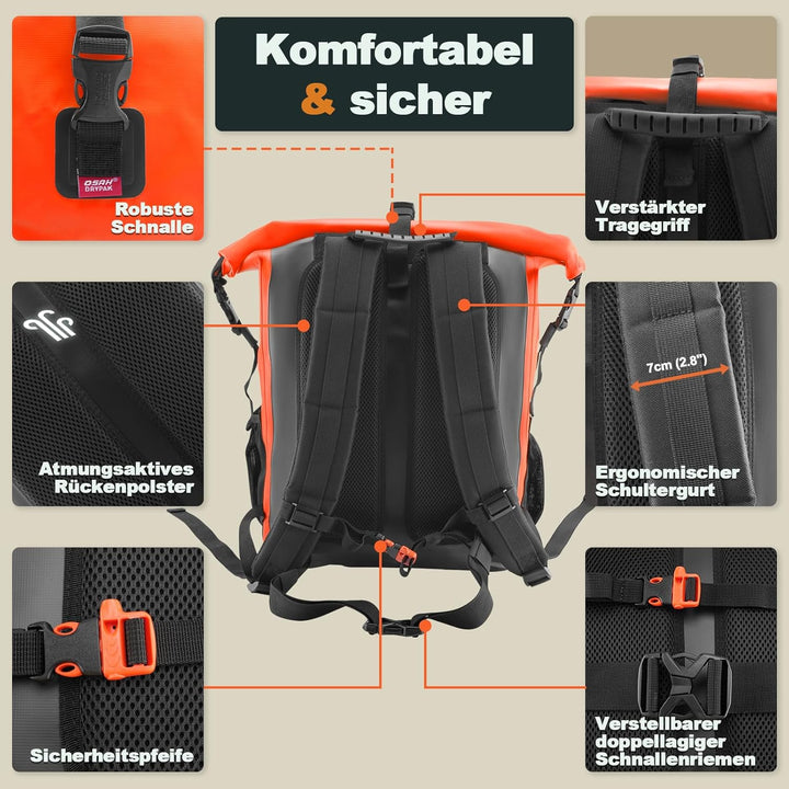 OSAH DRYPAK Wasserdichter Rucksack – 25L/35L/55L/85L Dry Bag Rolltop Outdoor Backpack mit Robustem R