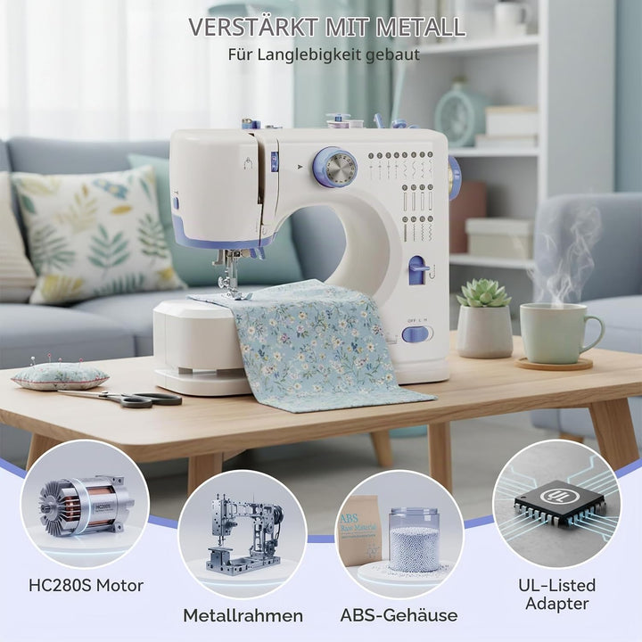 Nähmaschine für Anfänger und Kinder, Qoosea 16 Stichmuster Overlock Nähmaschine Einfach zu Bedienen,