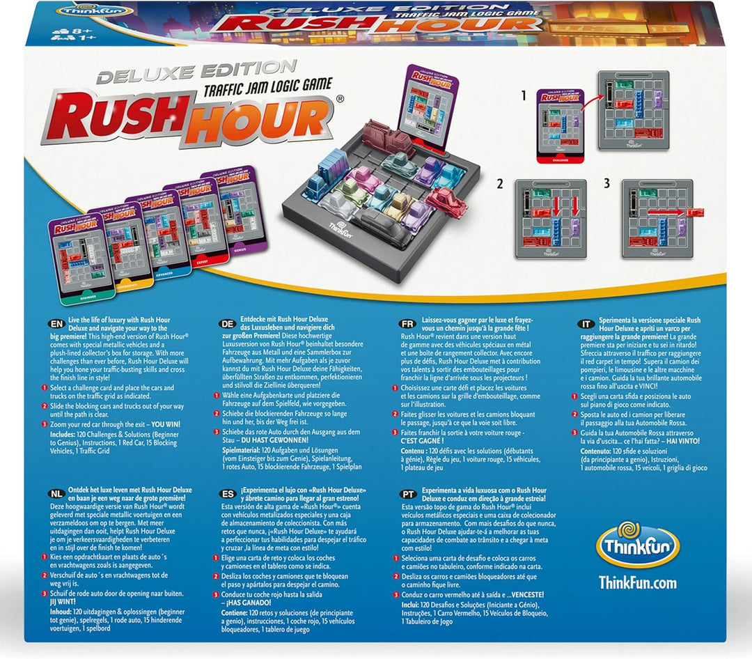 ThinkFun 76617 - Rush Hour - Das bekannte Stau-Spiel in der Deluxe Edition mit Fahrzeugen in Metallo