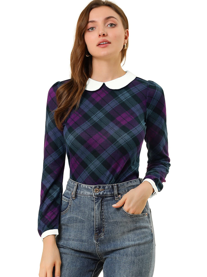 Allegra K Damen Bubikragen Bluse Oberteil Langarm Panel Elegant Kariert Shirt S Lila, S Lila