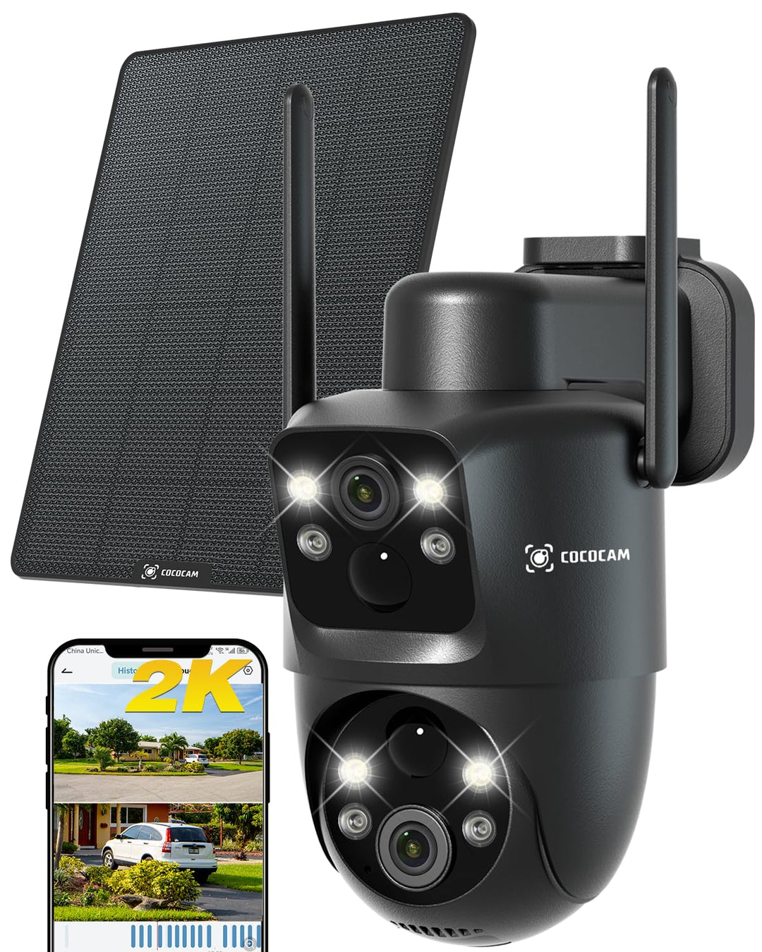 COCOCAM 2K Dual Objektiv Überwachungskamera Aussen WLAN Solar, 10000mAh Akku, 6W Solarpanel, Duale P