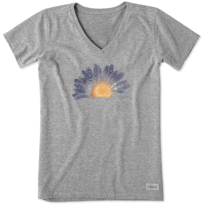 Life Is Good Damen Crusher Graphic V-Neck T-Shirt Watercolor Daisy Birds XL Meliert, Grau, XL Melier