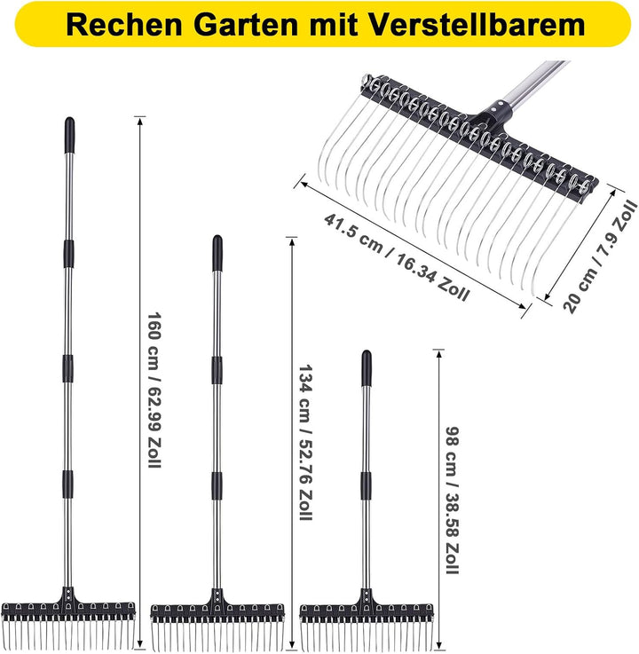 Rechen Garten mit Verstellbarem Stiel Breiter Gartenrechen mit 22 Federstahlzinken für Rasen, Laub &amp;