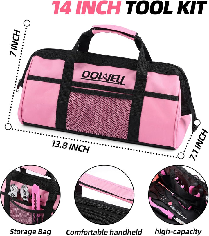 DOWELL Pinkes Werkzeugset für Damen, Mädchen, Damen, Haushaltswerkzeug-Set mit 35,6 cm Werkzeugtasch