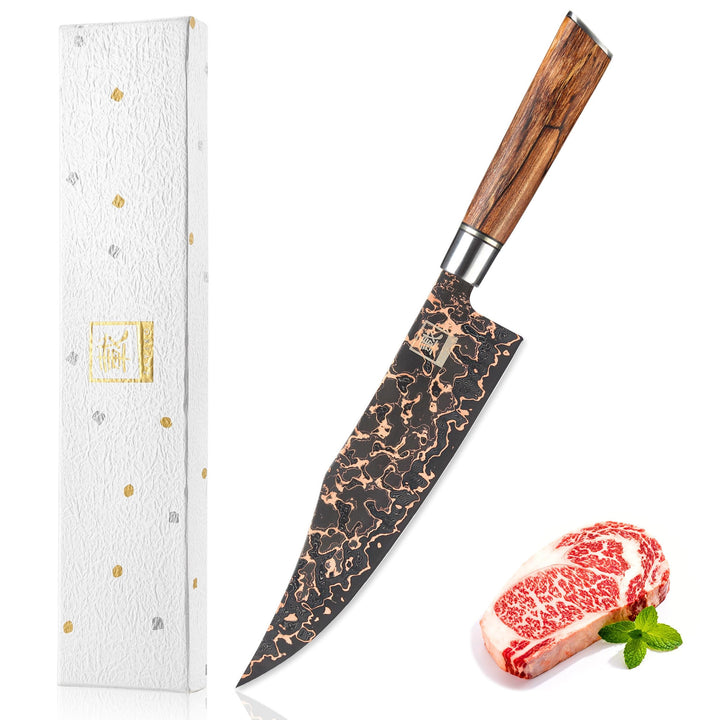 zayiko ShadowMagma Chefmesser mit 21,5 cm Klinge aus 73 Lagen Damaststahl | VG10-Kern, Kupfer-Bronze
