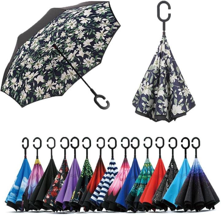 Jooayou Umdrehbarer Regenschirm mit 2 Flächen, C-förmiger Griff, rückseitig faltbarer Regenschirm, A