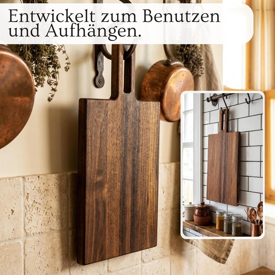 PAVLOVA’S Schweizer Nussbaum Servierbrett 49 × 18 cm – Massiver Nussbaum mit Griff und Aufhängeloch