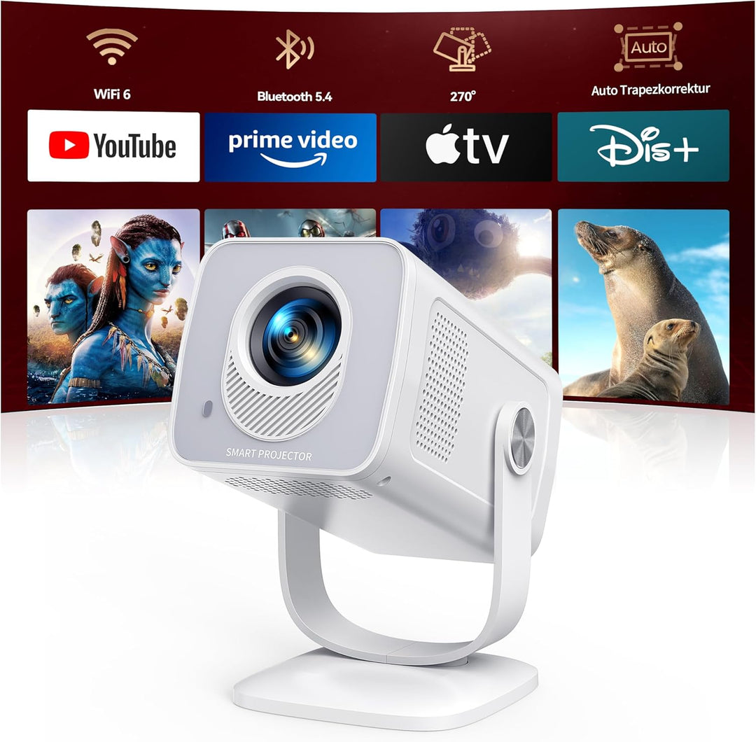 Mini Beamer 4K 1080P Unterstützt [Android 13 & 270° Drehbar] Smart Beamer Klein mit WiFi 6 Bluetooth