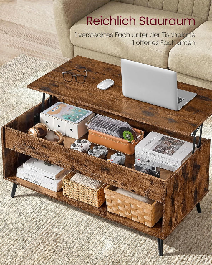 VASAGLE Couchtisch, höhenverstellbarer Wohnzimmertisch, Kaffeetisch, Gaszylinder, verstecktes Fach,
