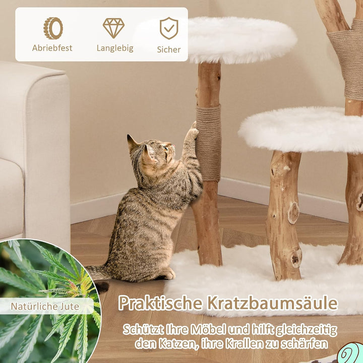 SOARS Kratzbaum Holz, Katzenbaum mit 3 natürlichen Birnbaumstämmen, Katzenbett & Plüschflächen, Katz