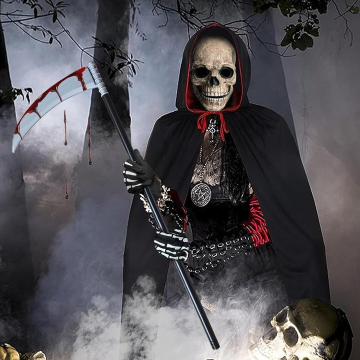 BARVERE Sensenmann Kostüm, Totenkopf Maske Set mit Sensemann Umhang, Halloween Sense und Handschuhe,