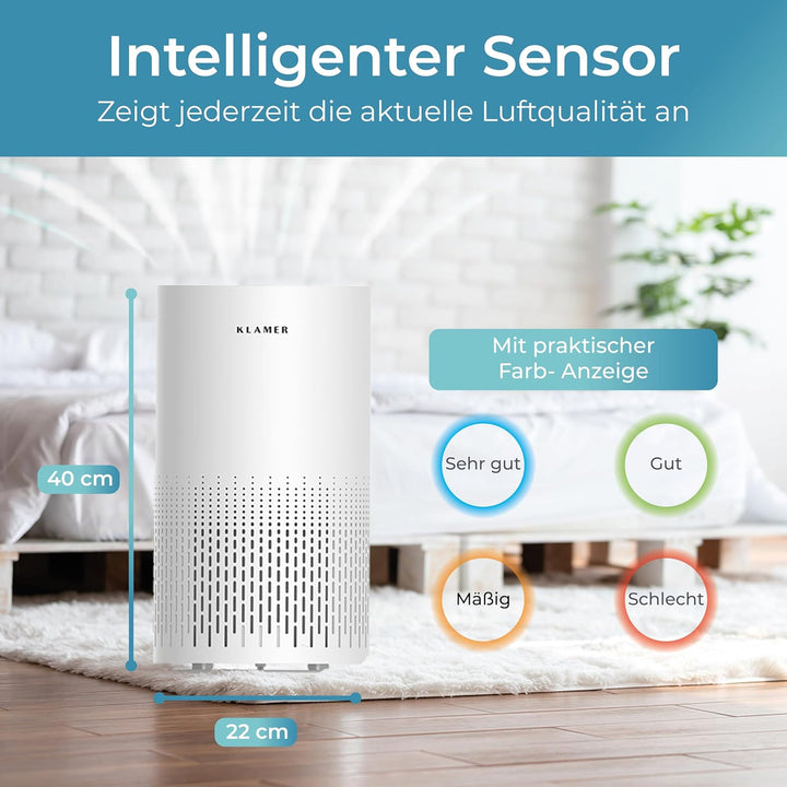 KLAMER Luftreiniger 300i mit HEPA Filter, CADR Spitzenleistung von 220 m³/h, für Räume bis 50m², ent