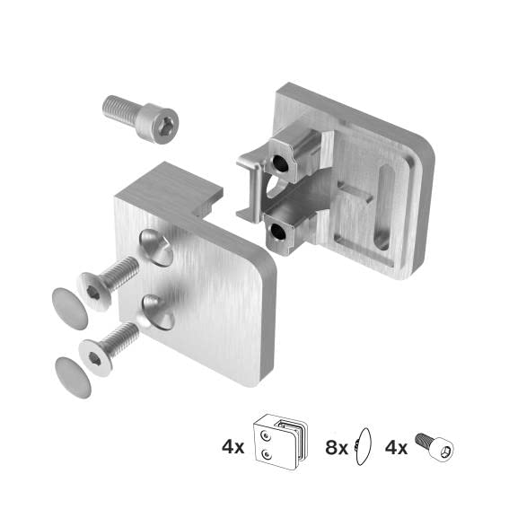 Sellon24® Glashalter 4 Stück Edelstahl Glasklemme Klemmhalter Geländer V2A Eckig 45 x 45 x 28 mm ink