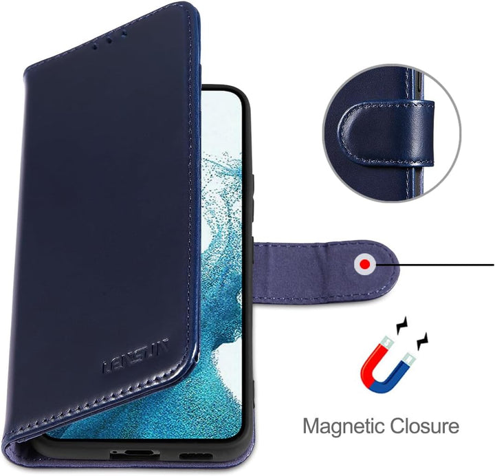 LENSUN Echtleder Hülle für Samsung Galaxy S22, Handyhülle Echtes Leder Magnetverschluss Standfunktio