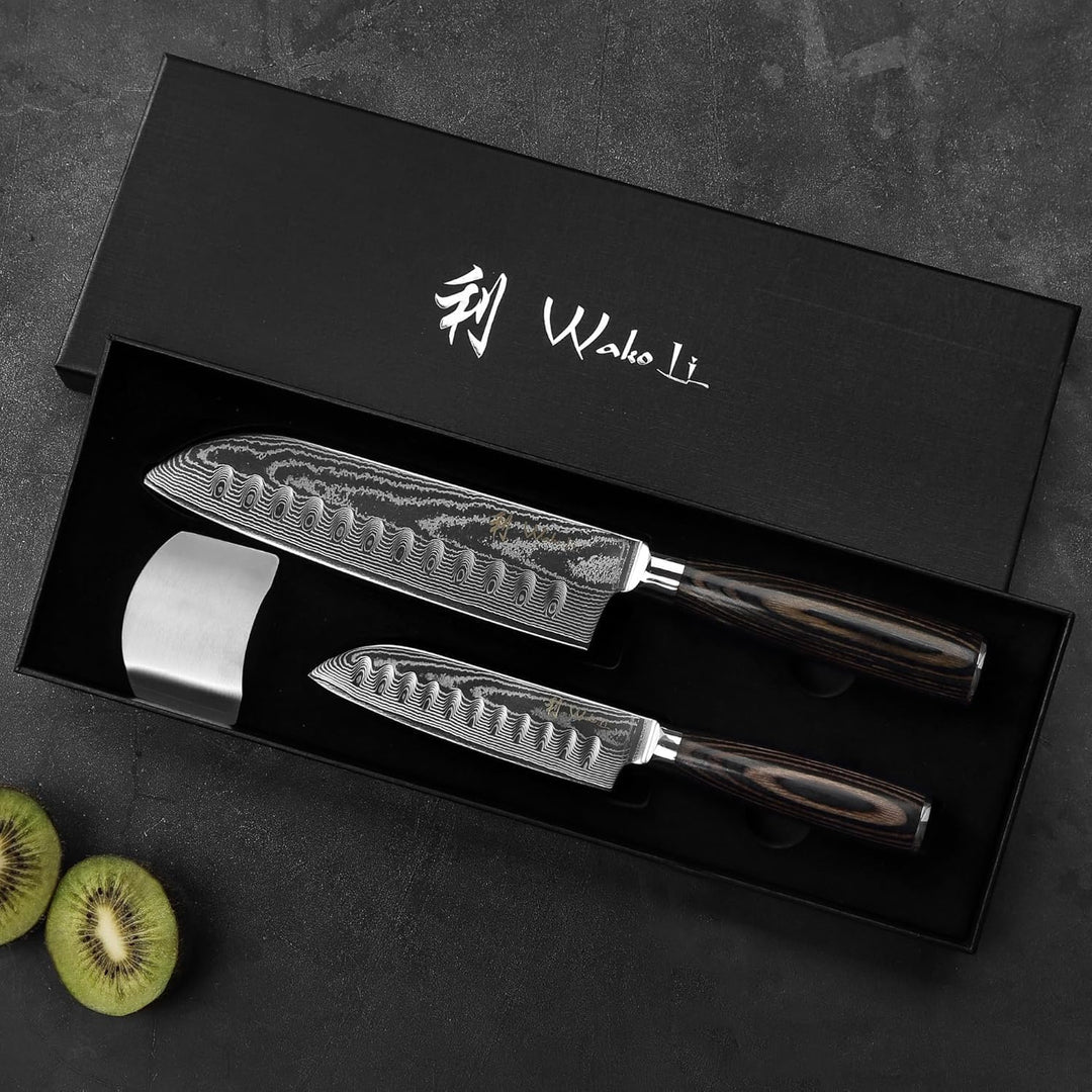 Wakoli EDIB Essentials 2er Damast Küchenmesser Set - 12cm & 18cm Santoku Messer aus 67 Lagen Damasts