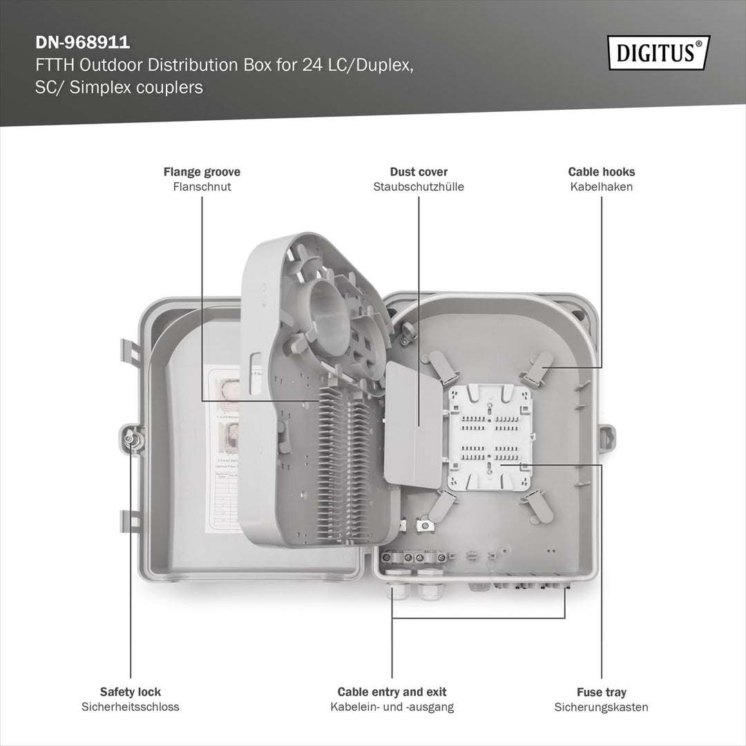 DIGITUS FTTH Distributionsbox für Aussen - 24 LC/Duplex oder 24 SC/Simplex Kupplungen