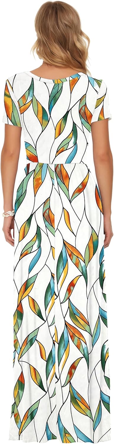 AUSELILY Damen Kurzarm Sommer Casual Long Maxi Kleider mit Taschen Buntes Verlaufslaub XS, Buntes Ve