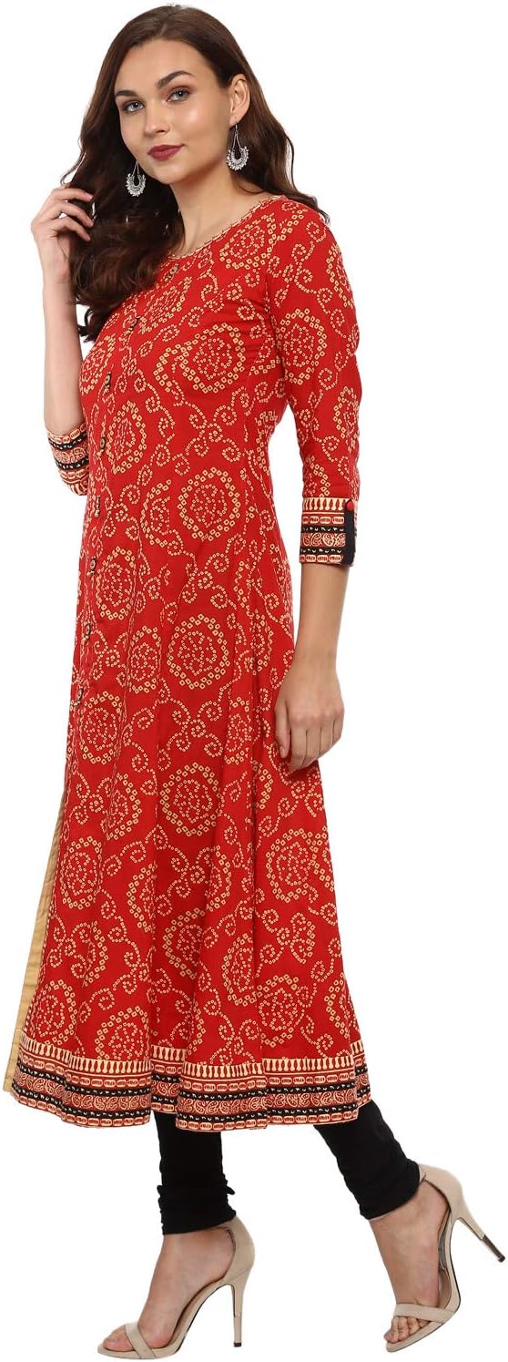Yash Gallery Indian Tunika Tops Damen Baumwolle Bandhej Print Anarkali Kurta (Rot) S Rot, S Rot