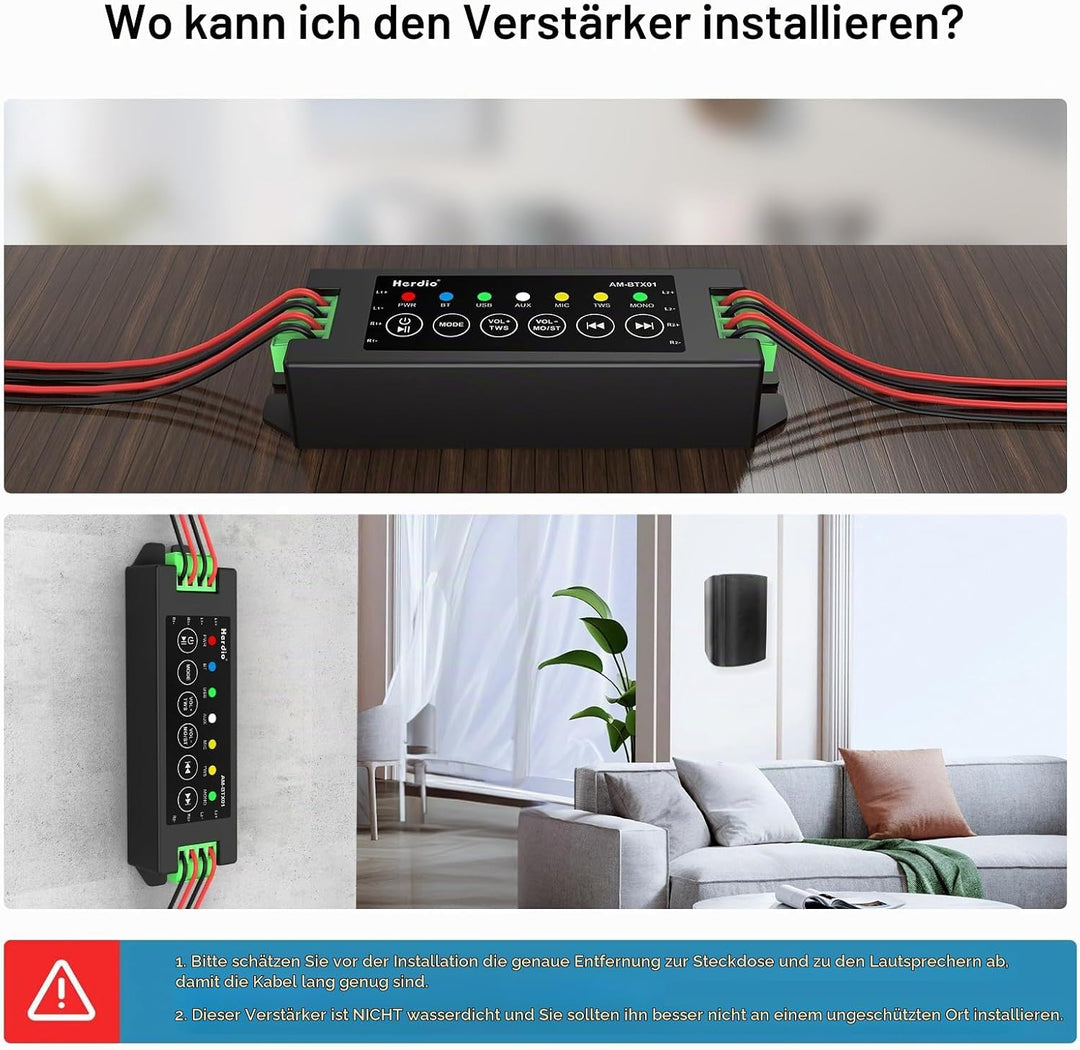 Herdio 4-Kanal-Verstärker Bluetooth 5.0 Amp Receiver 200W Ausgangsleistung mit 24V5A AC-DC Netzteil