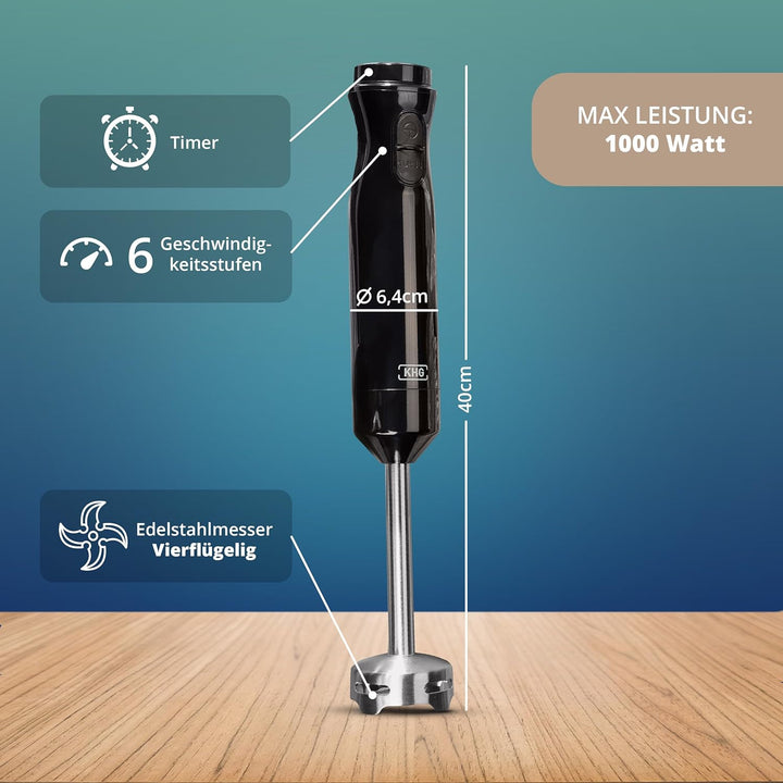KHG Stabmixer 1000 Watt mit LED-Display - 6 Geschwindigkeiten & Turbo-Funktion - Edelstahlmesser 4-f